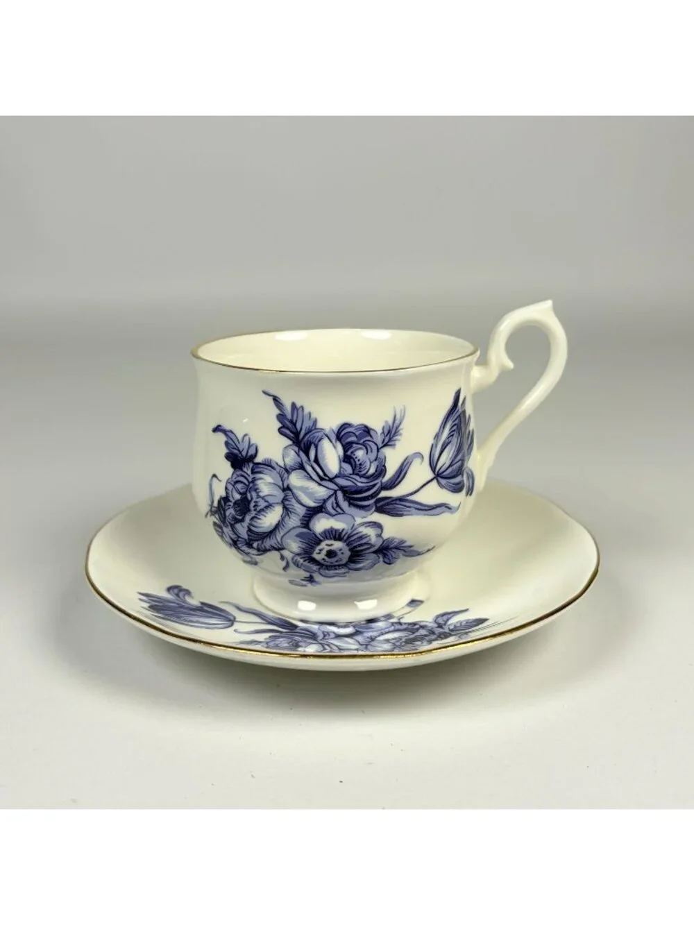 Vintage Staffordshire Blue Floral Fine Bone China Cup & Saucer Set